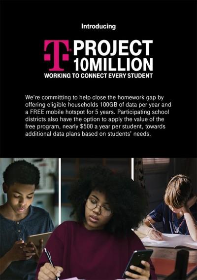 T Mobile 10 Million project providing 100GB of data per year and a free hotspot for 5 years